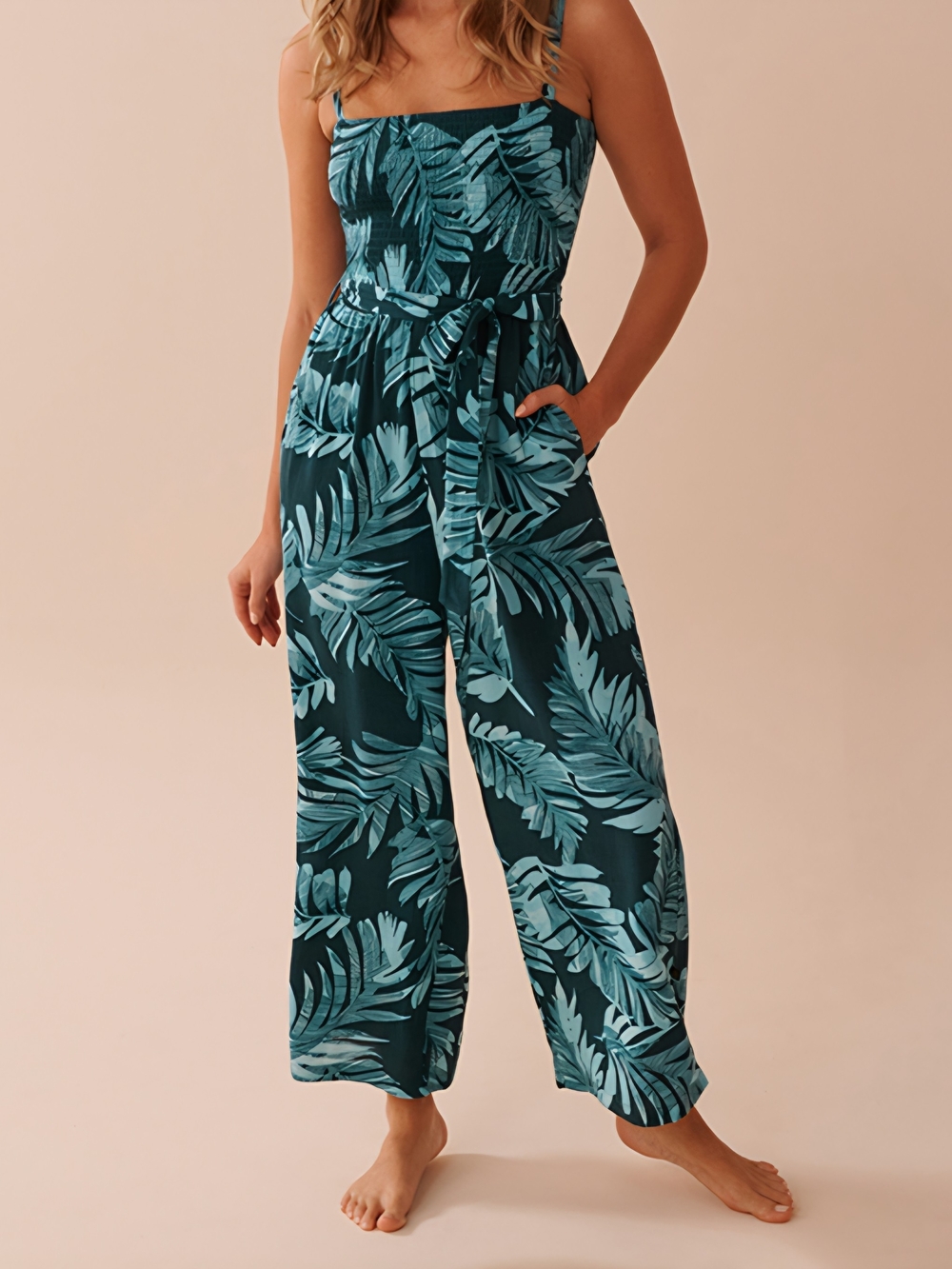 La Vie En Rose Teal Tropical Leaf Wide-Leg Jumpsuit